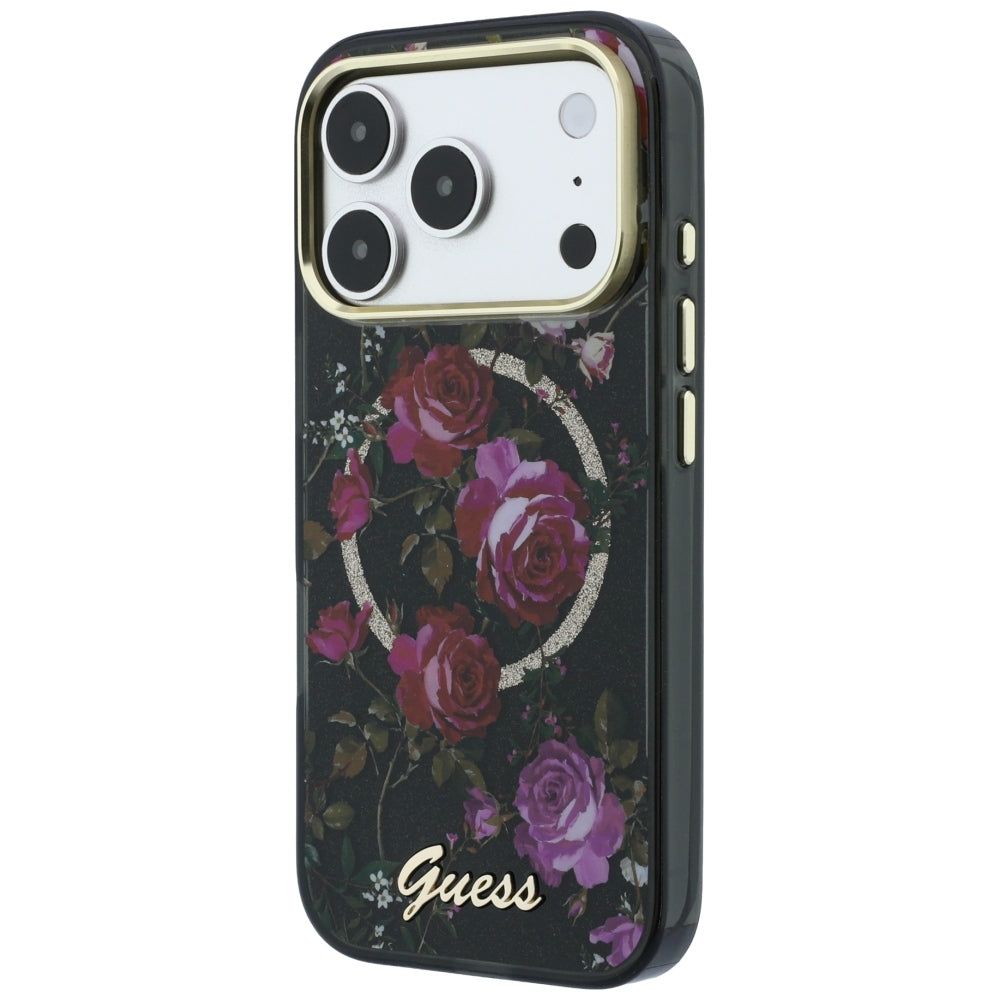 Custodia MagSafe per Apple iPhone 18 Pro Max / 17 Pro Max, Guess, IML Glitter Blossom Roses, nera