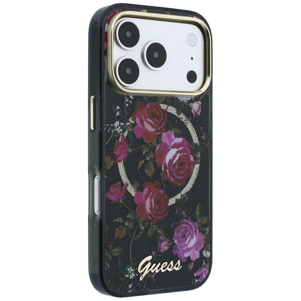 Custodia MagSafe per Apple iPhone 18 Pro Max / 17 Pro Max, Guess, IML Glitter Blossom Roses, nera