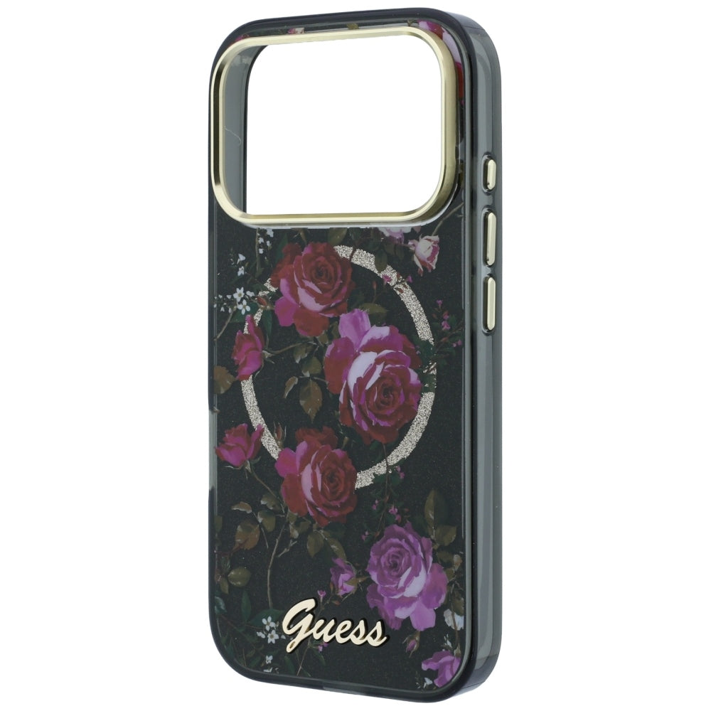 Custodia MagSafe per Apple iPhone 18 Pro Max / 17 Pro Max, Guess, IML Glitter Blossom Roses, nera