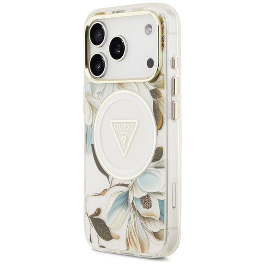 Custodia MagSafe per Apple iPhone 18 Pro Max / 17 Pro Max, Guess, IML Metal Glitter Flowers Triangle, Bianca
