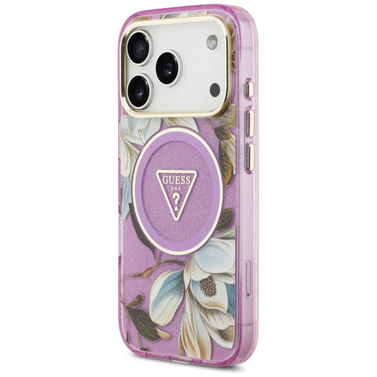 Custodia MagSafe per Apple iPhone 18 Pro Max / 17 Pro Max, Guess, IML Metal Glitter Flowers Triangle, Viola
