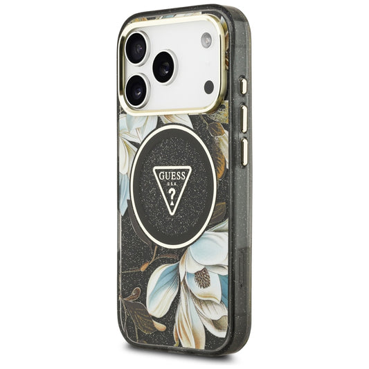 Custodia MagSafe per Apple iPhone 18 Pro Max / 17 Pro Max, Guess, IML Metal Glitter Flowers Triangle, nera
