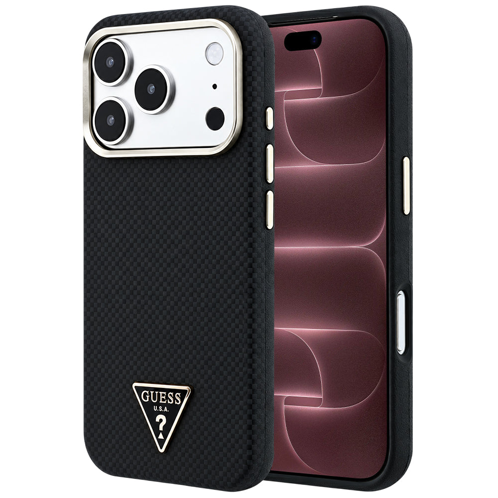 Custodia MagSafe per Apple iPhone 18 Pro Max / 17 Pro Max, Guess, Logo Triangolo Kevlar, Nera