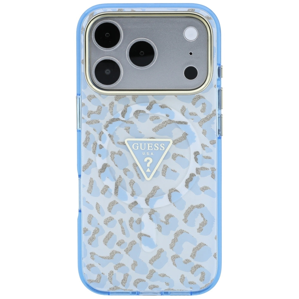 Custodia MagSafe per Apple iPhone 18 Pro Max / 17 Pro Max, Guess, Logo Triangolo Glitter Leopardo, Blu
