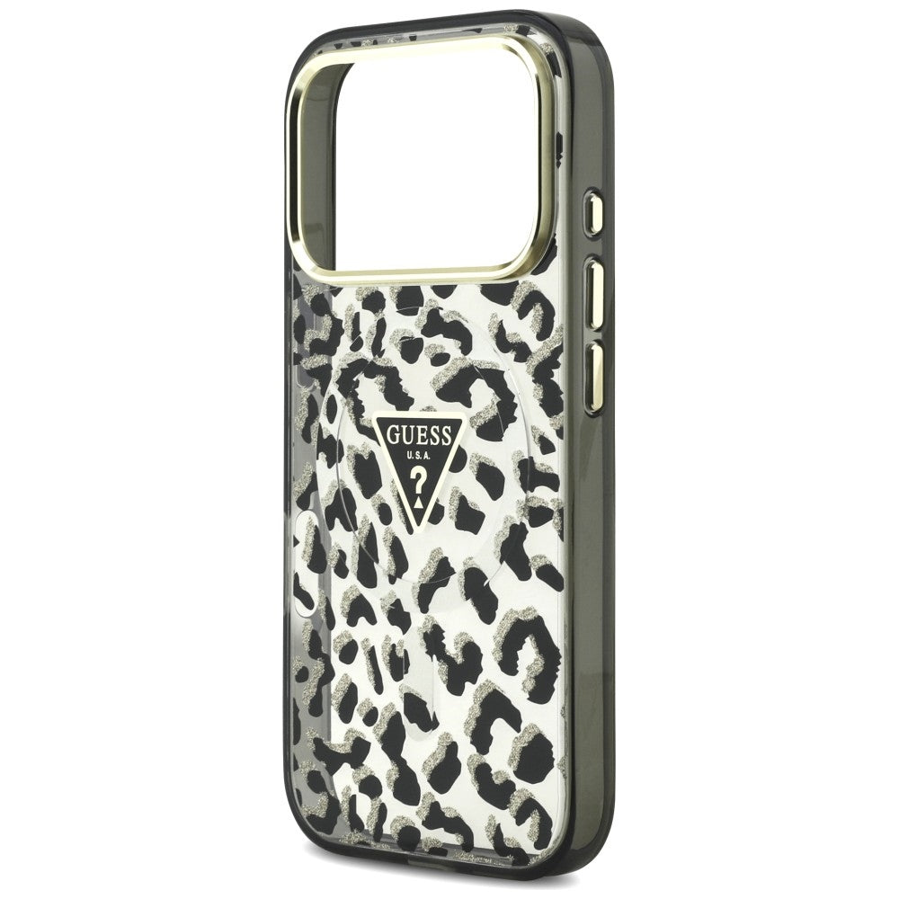 Custodia MagSafe per Apple iPhone 18 Pro Max / 17 Pro Max, Guess, Logo Triangolo Glitter Leopardo, Nera