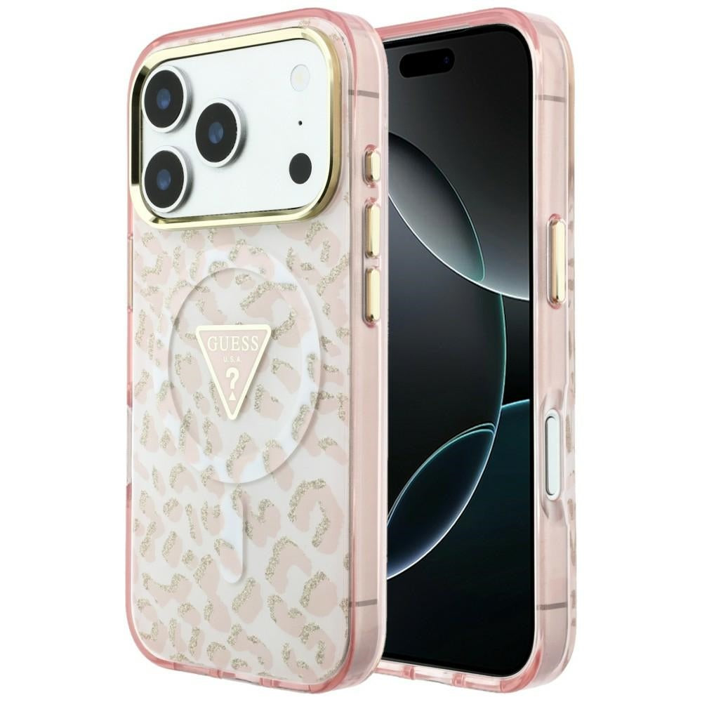 Custodia MagSafe per Apple iPhone 18 Pro Max / 17 Pro Max, Guess, Logo Triangolo Glitter Leopardo, Rosa