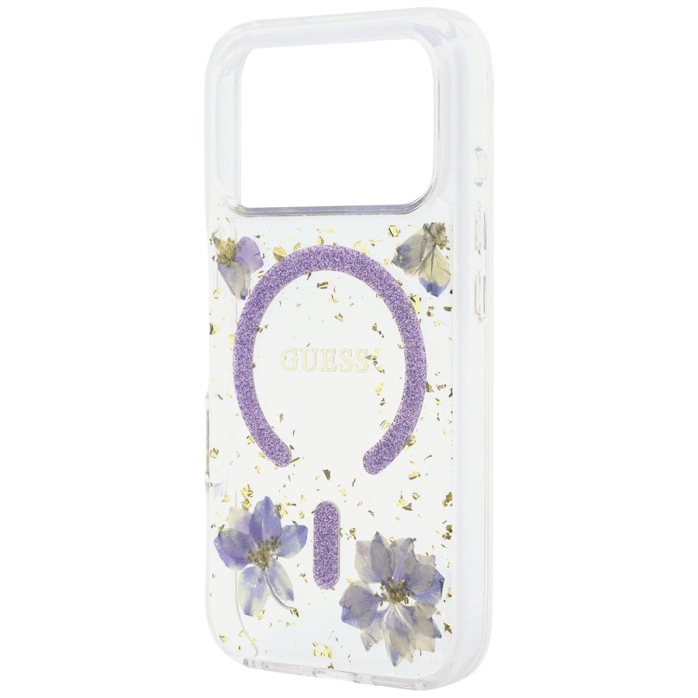 Custodia MagSafe per Apple iPhone 18 Pro Max / 17 Pro Max, Guess, Fiori in Resina e Glitter, Viola