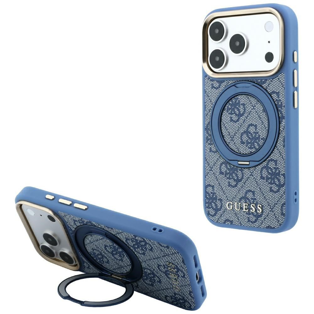 Custodia MagSafe per Apple iPhone 18 Pro Max / 17 Pro Max, Guess, Ring Stand 360 4G Classic Logo, Blu