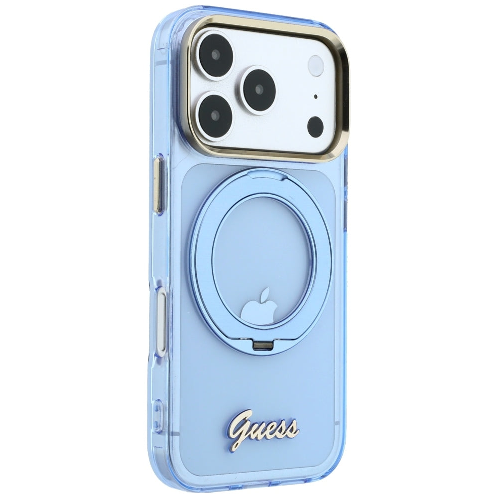 Custodia MagSafe per Apple iPhone 18 Pro Max / 17 Pro Max, Guess, Ring Stand Script Metal Logo, Blu