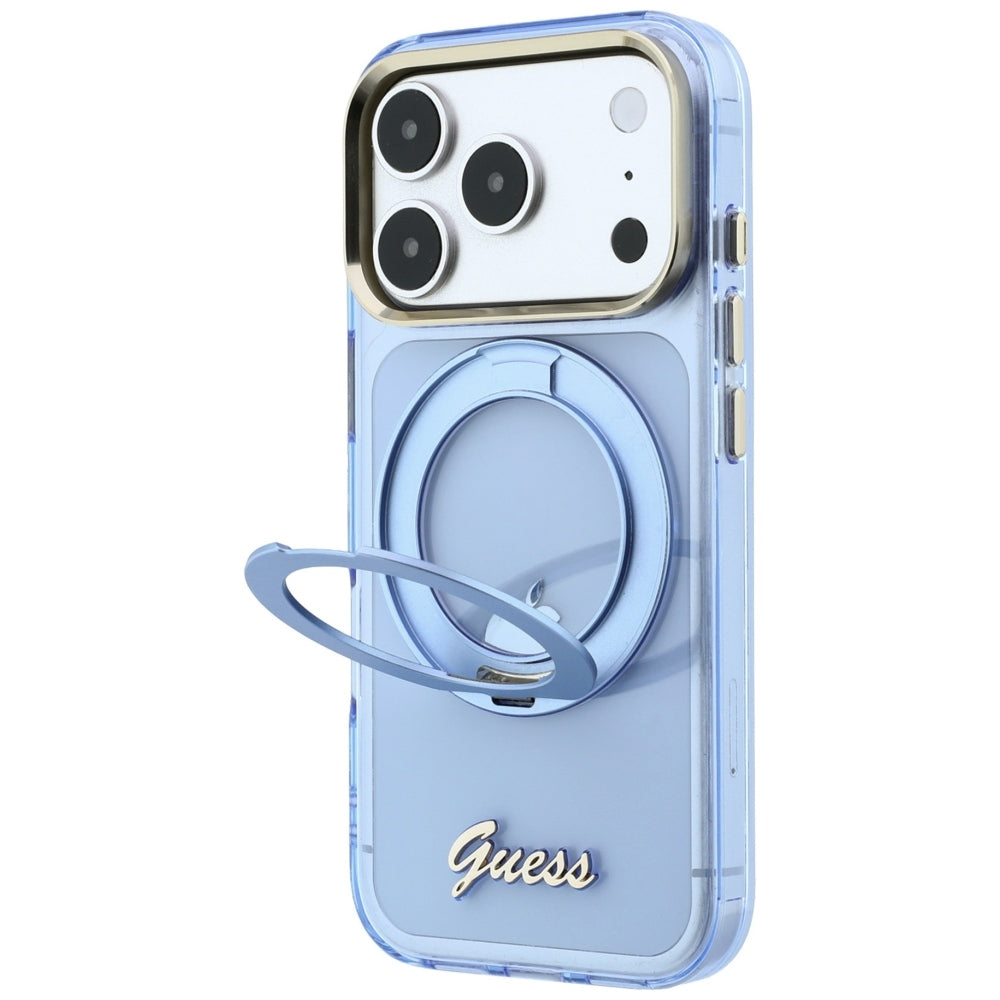 Custodia MagSafe per Apple iPhone 18 Pro Max / 17 Pro Max, Guess, Ring Stand Script Metal Logo, Blu