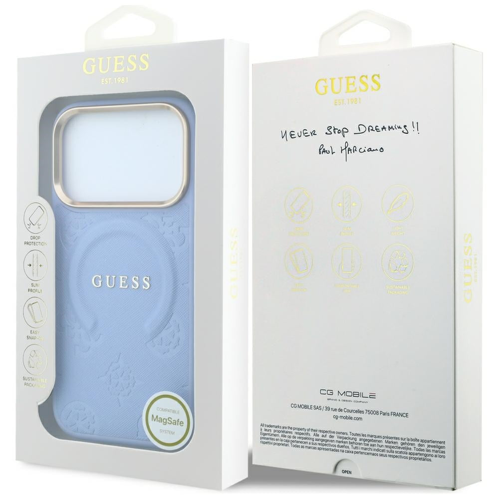 Custodia MagSafe per Apple iPhone 18 Pro Max / 17 Pro Max, Guess, Saffiano Peony Ring, Blu