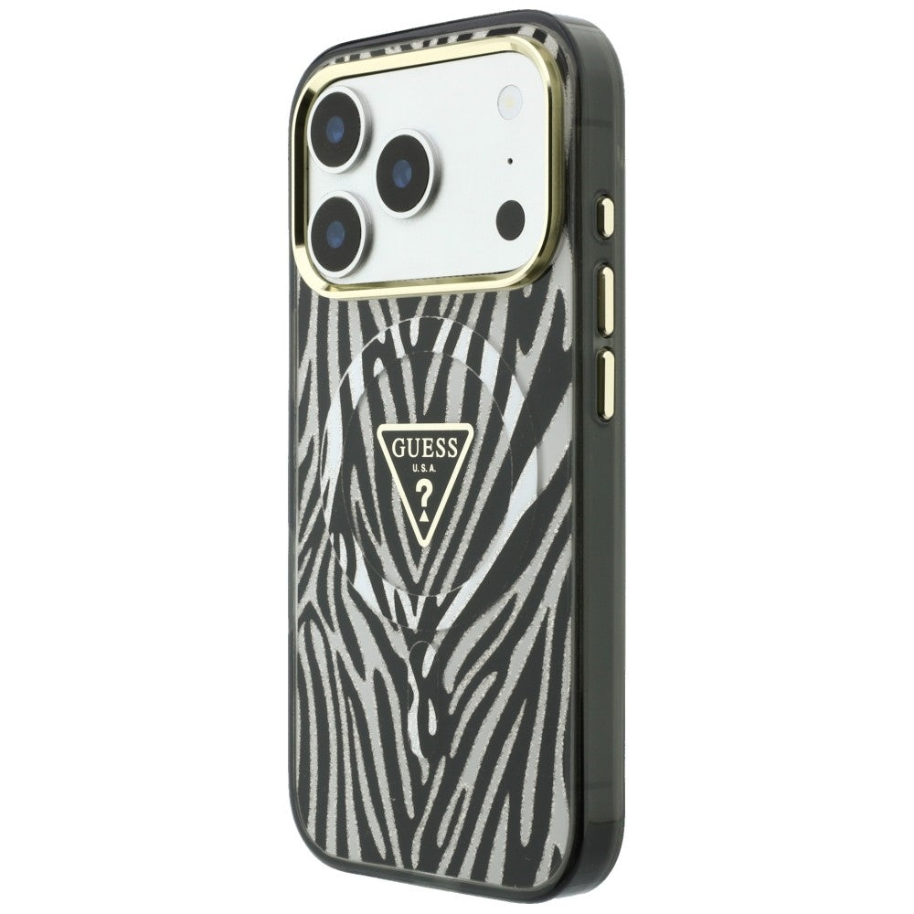 Custodia MagSafe per Apple iPhone 18 Pro Max / 17 Pro Max, Guess, Logo Triangolo Glitter Zebra, Argento