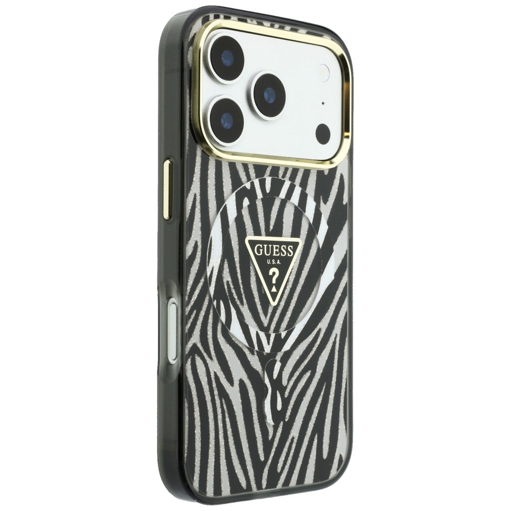 Custodia MagSafe per Apple iPhone 18 Pro Max / 17 Pro Max, Guess, Logo Triangolo Glitter Zebra, Argento