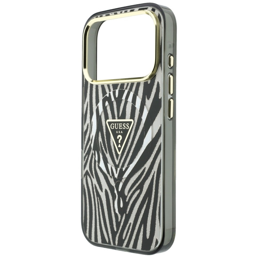 Custodia MagSafe per Apple iPhone 18 Pro Max / 17 Pro Max, Guess, Logo Triangolo Glitter Zebra, Argento