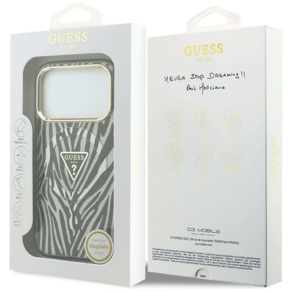 Custodia MagSafe per Apple iPhone 18 Pro Max / 17 Pro Max, Guess, Logo Triangolo Glitter Zebra, Argento