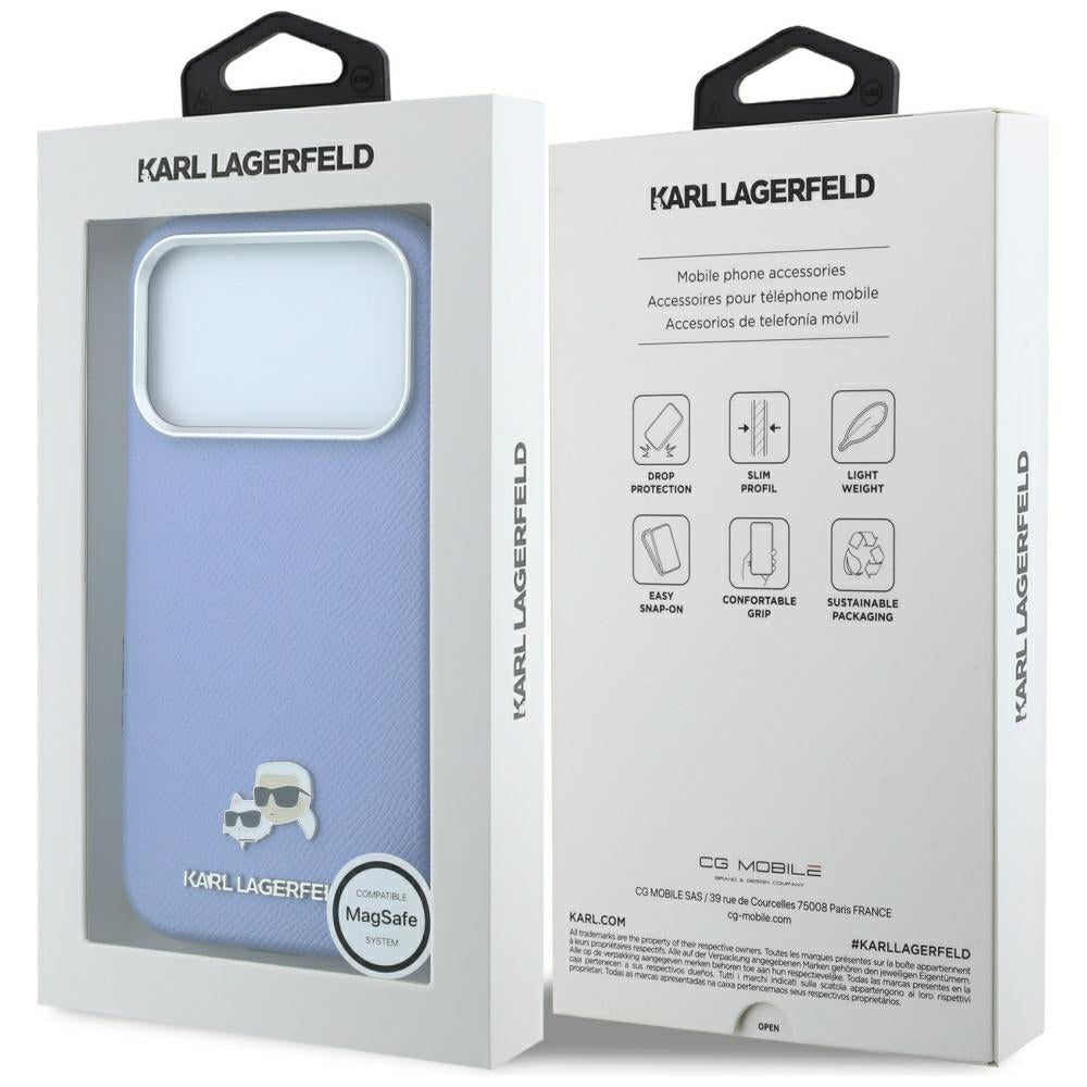 Custodia MagSafe per Apple iPhone 18 Pro Max / 17 Pro Max, Karl Lagerfeld, Grained Karl & Choupette Head's Metal, Bleu