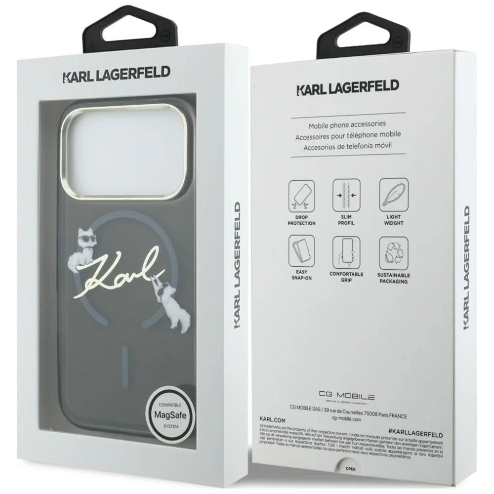 Custodia MagSafe per Apple iPhone 18 Pro Max / 17 Pro Max, Karl Lagerfeld, IML Choupette Karl Script Logo, Nera