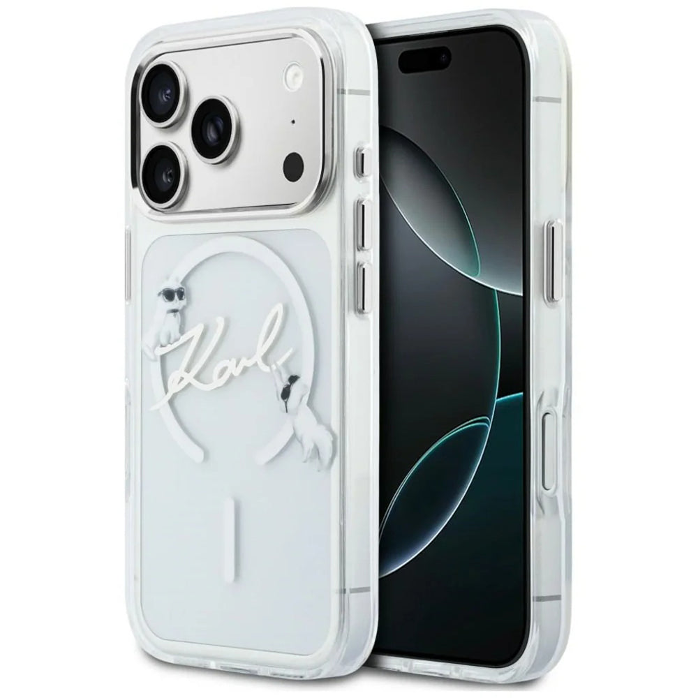 Custodia MagSafe per Apple iPhone 18 Pro Max / 17 Pro Max, Karl Lagerfeld, IML Choupette Karl Script Logo, Trasparente