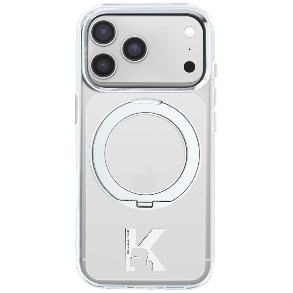 Custodia MagSafe per Apple iPhone 18 Pro Max / 17 Pro Max, Karl Lagerfeld, IML Ring Stand Kameo Metal, Trasparente