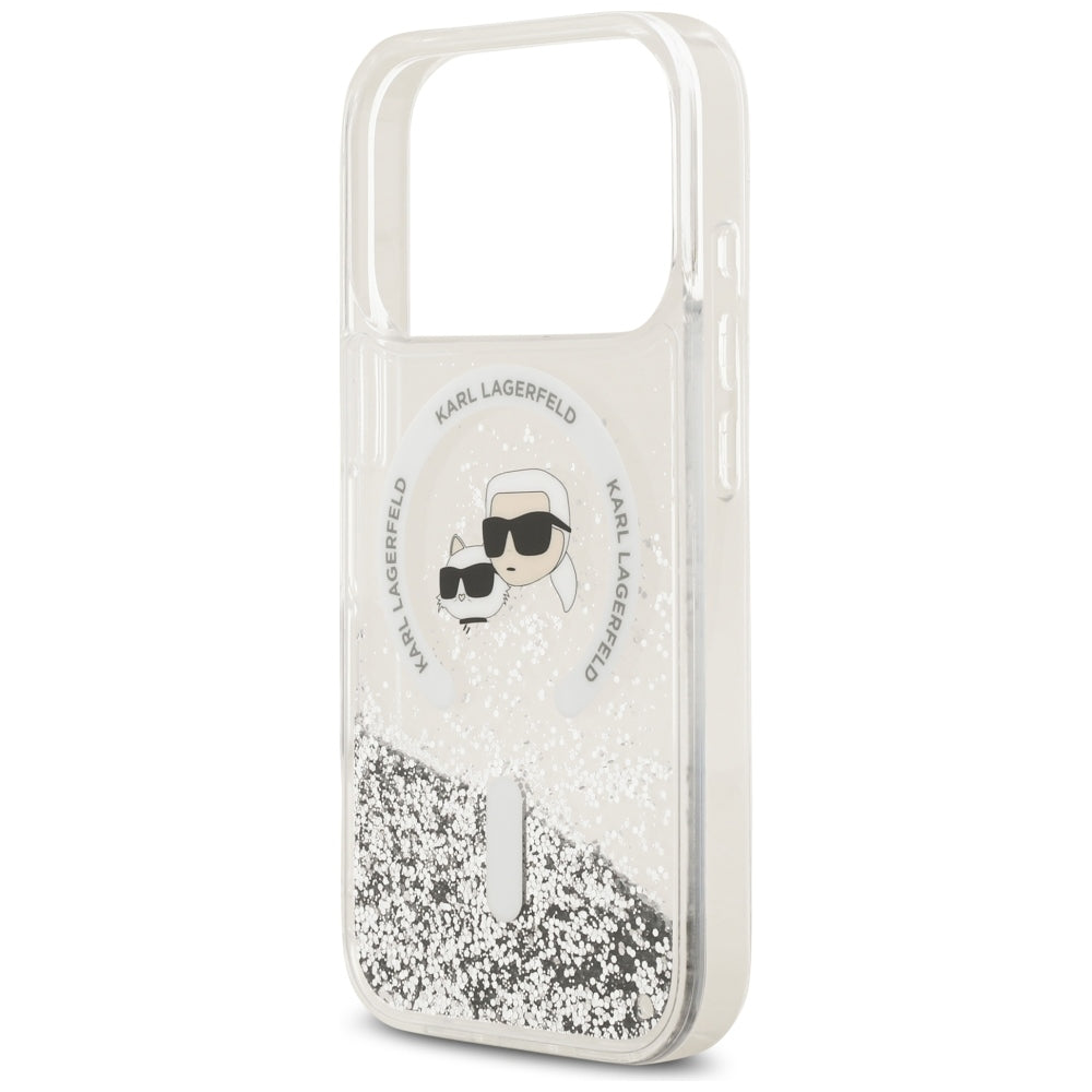 Custodia MagSafe per Apple iPhone 18 Pro Max / 17 Pro Max, Karl Lagerfeld, Liquid Glitter Karl & Choupette Head's, Trasparente