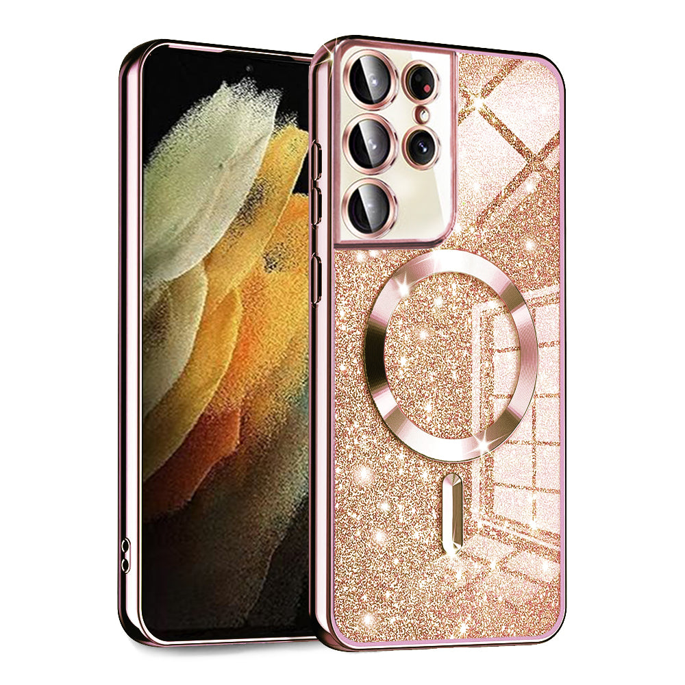 Custodia MagSafe per Samsung Galaxy S21 Ultra 5G G998, Techsuit, Luxury Glitter, Rosa Oro