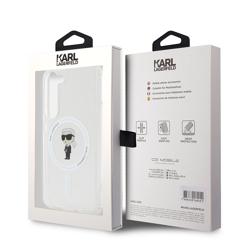 Custodia MagSafe per Samsung Galaxy S23 S911, Karl Lagerfeld, IML Ikonik Karl, Trasparente