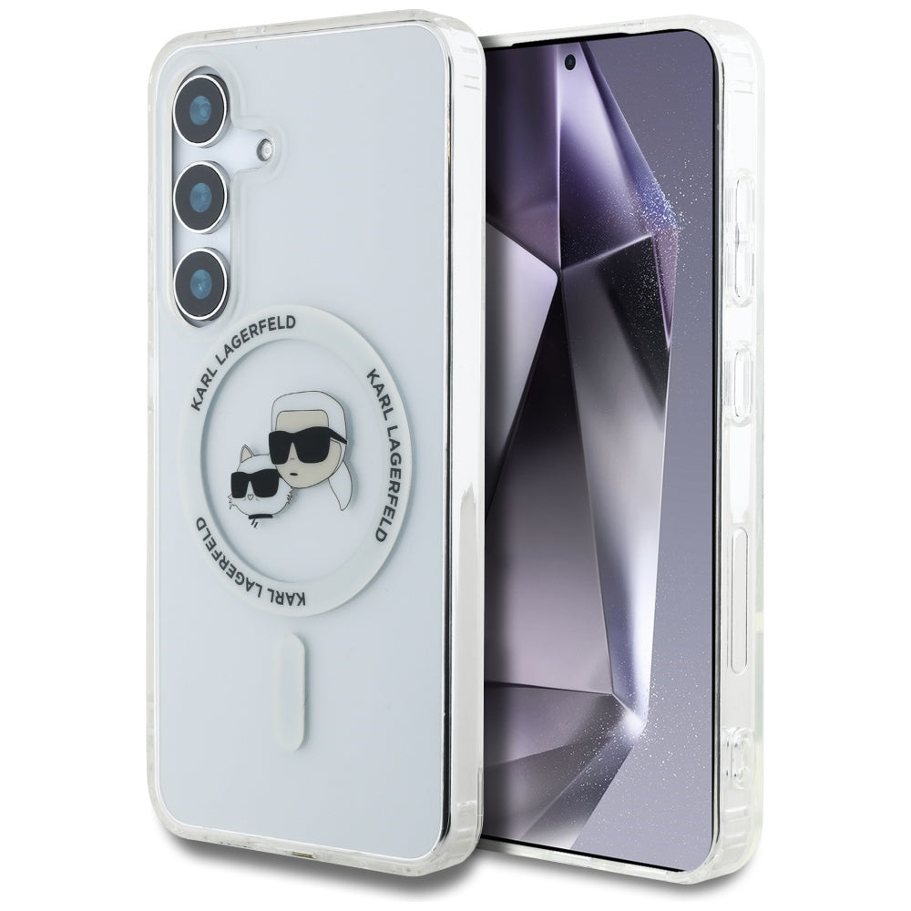 Custodia MagSafe per Samsung Galaxy S25+ S936, Karl Lagerfeld, IML Metal Karl & Choupette's Heads, Argento
