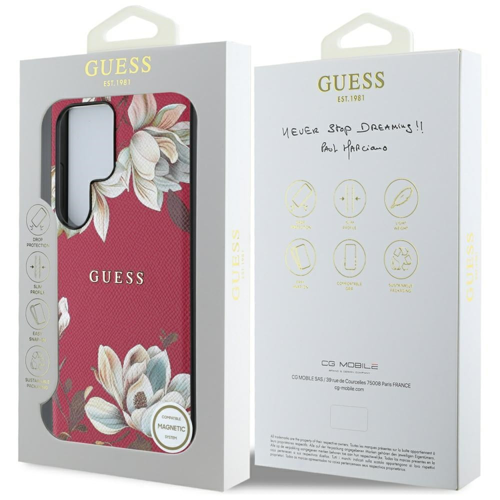 MagSafe Case for Samsung Galaxy S25 Ultra S938, Guess, Grained Flowers, Fuchsia