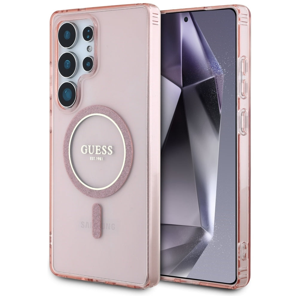 Custodia MagSafe per Samsung Galaxy S25 Ultra S938, Guess, IML Glitter Circle, Rosa