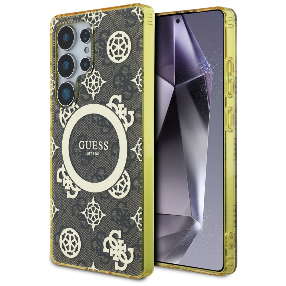Custodia MagSafe per Samsung Galaxy S25 Ultra S938, Guess, IML Peony su sfondo 4G, Marrone