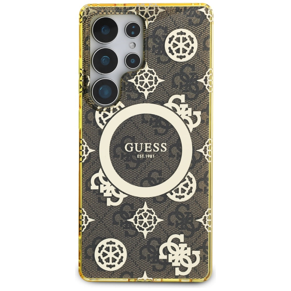 Custodia MagSafe per Samsung Galaxy S25 Ultra S938, Guess, IML Peony su sfondo 4G, Marrone