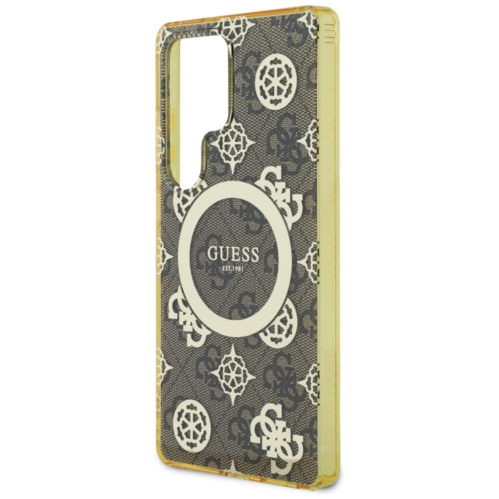 Custodia MagSafe per Samsung Galaxy S25 Ultra S938, Guess, IML Peony su sfondo 4G, Marrone
