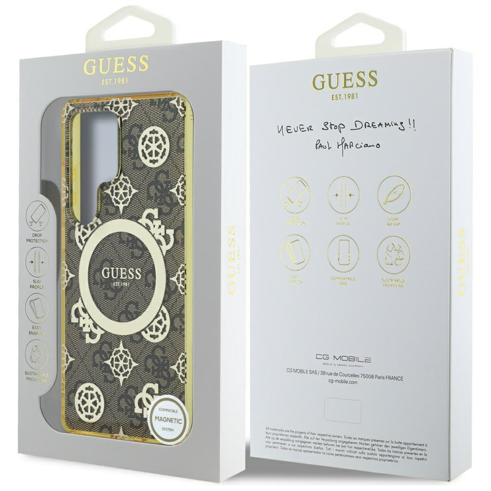 Custodia MagSafe per Samsung Galaxy S25 Ultra S938, Guess, IML Peony su sfondo 4G, Marrone