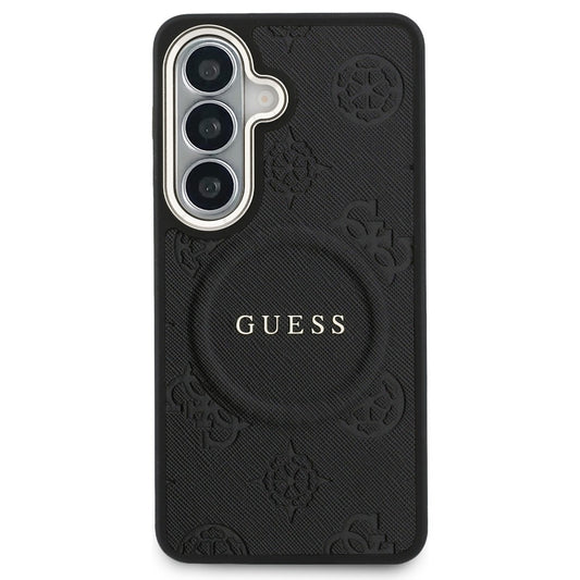 Custodia MagSafe per Samsung Galaxy S26 S942, Guess, Saffiano Peony Embossed Ring, Nera