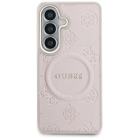Custodia MagSafe per Samsung Galaxy S26 S942, Guess, Saffiano Peony Embossed Ring, Rosa