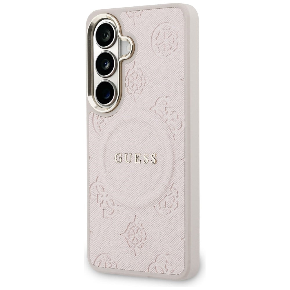 Custodia MagSafe per Samsung Galaxy S26 S942, Guess, Saffiano Peony Embossed Ring, Rosa