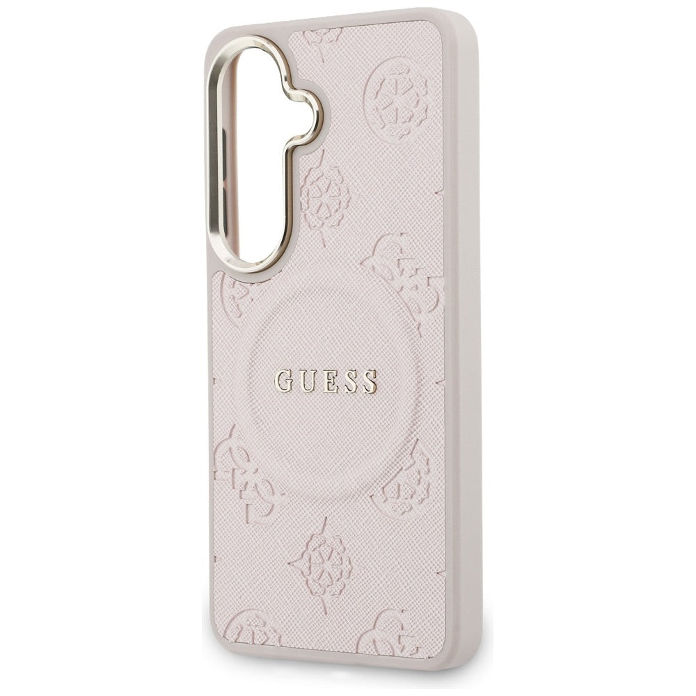 Custodia MagSafe per Samsung Galaxy S26 S942, Guess, Saffiano Peony Embossed Ring, Rosa