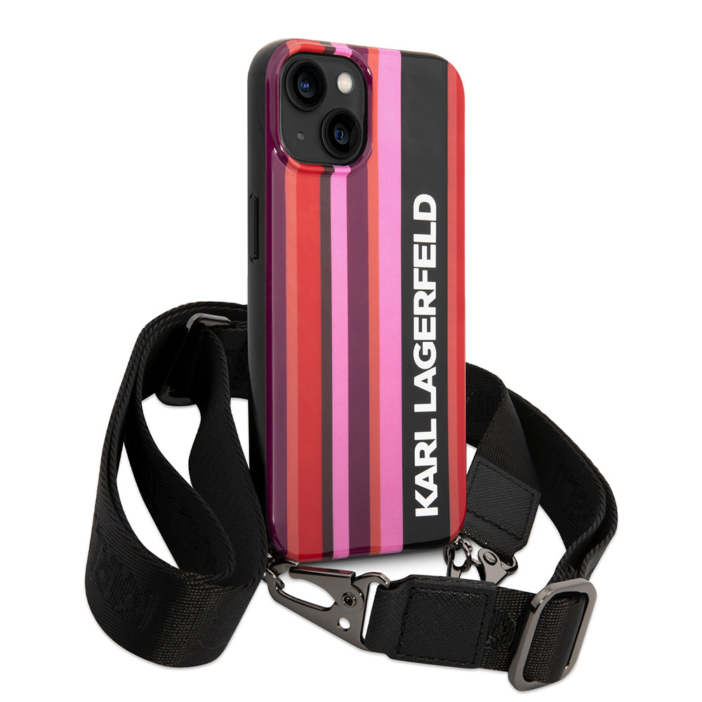 Custodia per Apple iPhone 14, Karl Lagerfeld, Color Stripes with Strap, Rosa