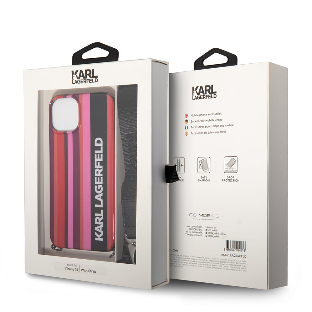 Custodia per Apple iPhone 14, Karl Lagerfeld, Color Stripes with Strap, Rosa