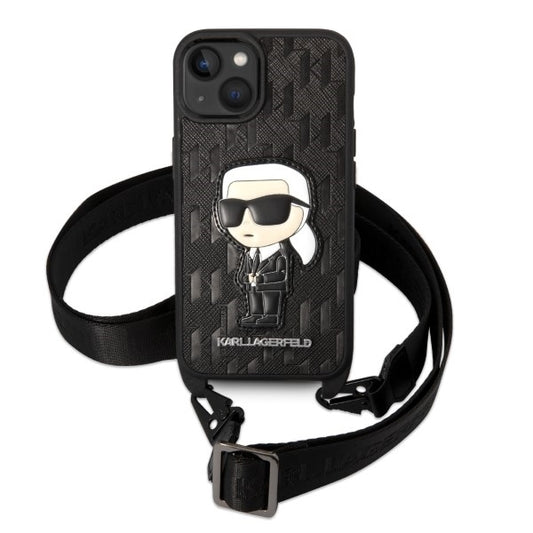 Custodia per Apple iPhone 14, Karl Lagerfeld, Monogram Ikonik Karl, Nera