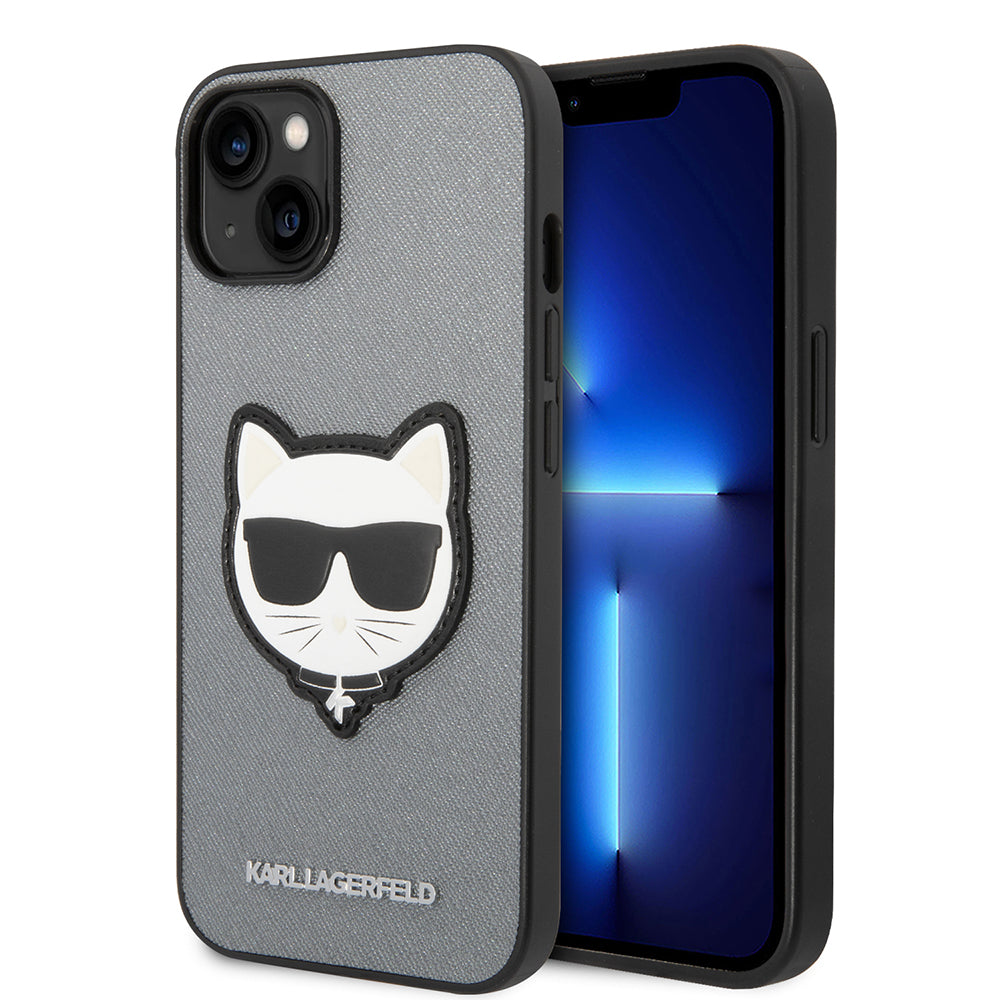 Custodia per Apple iPhone 14, Karl Lagerfeld, Saffiano Choupette's Head, Argento