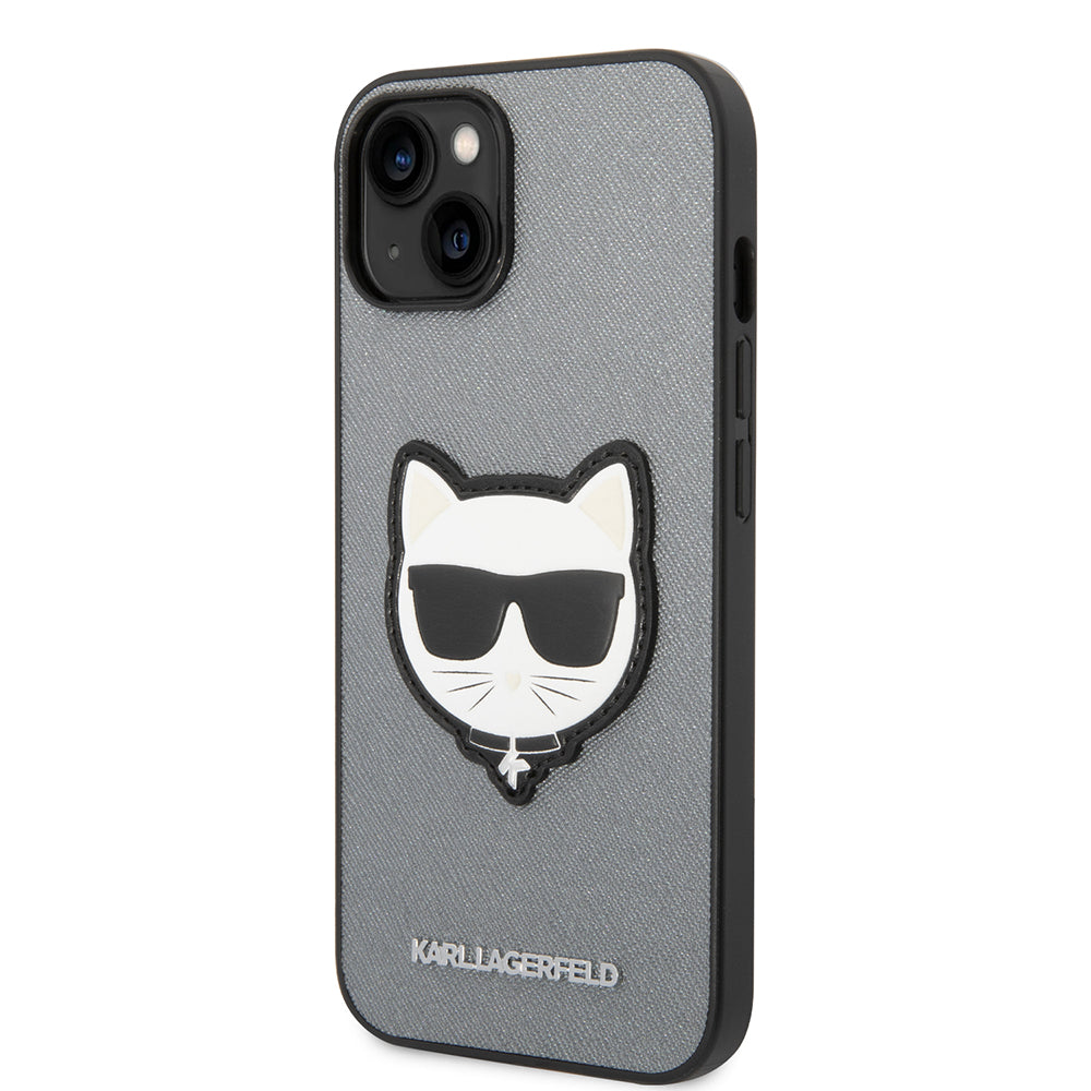 Custodia per Apple iPhone 14, Karl Lagerfeld, Saffiano Choupette's Head, Argento