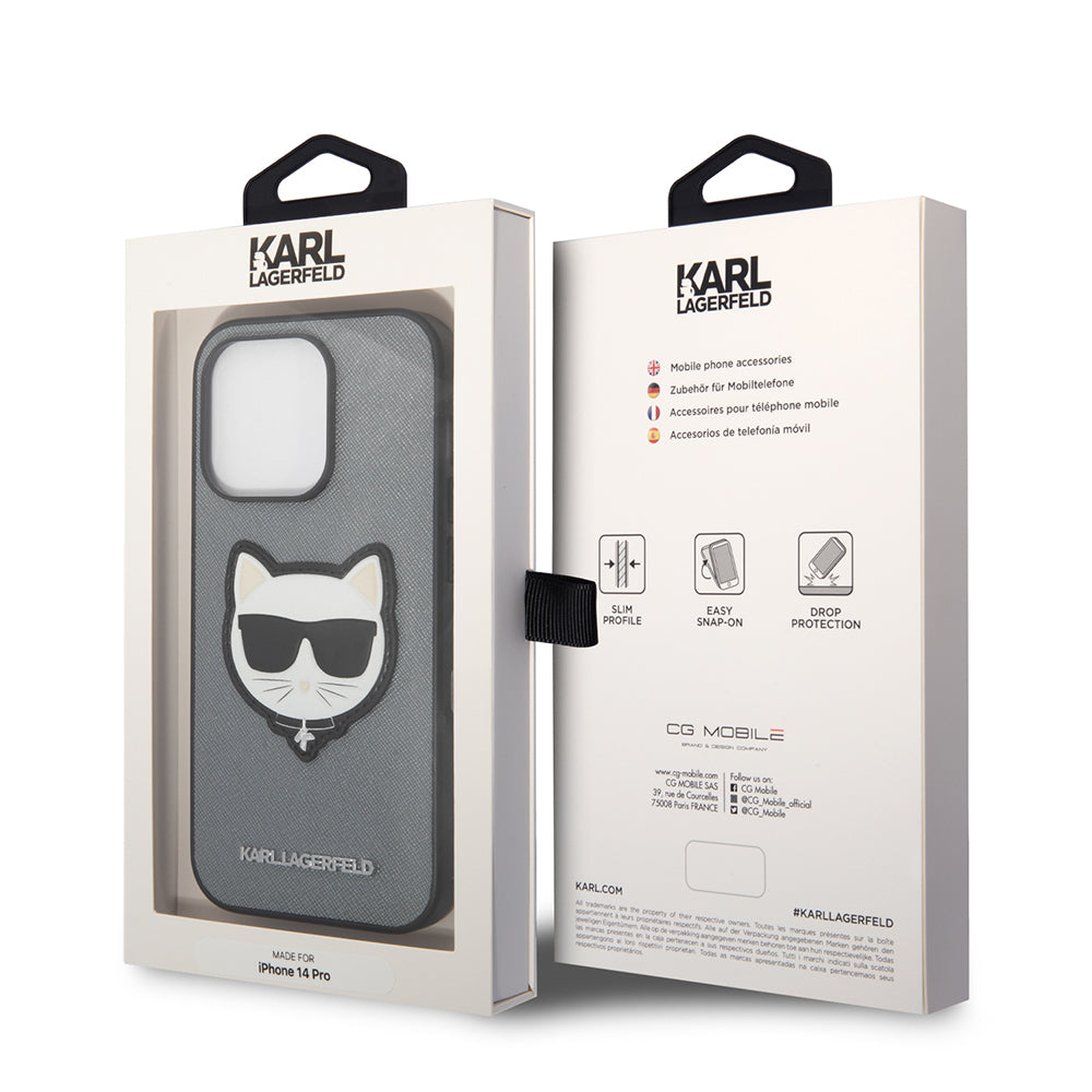 Custodia per Apple iPhone 14, Karl Lagerfeld, Saffiano Choupette's Head, Argento