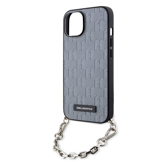 Custodia per Apple iPhone 14, Karl Lagerfeld, Saffiano Monogram Chain, Argento