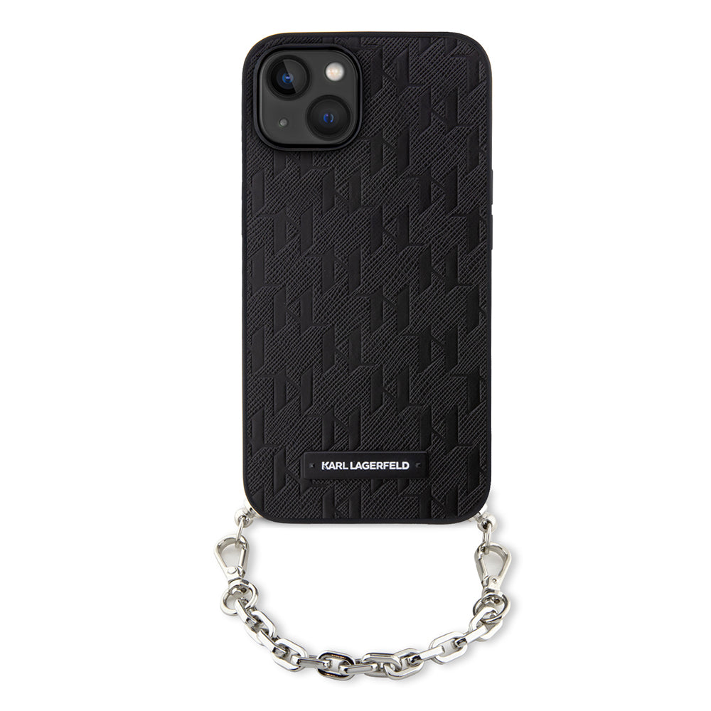 Custodia per Apple iPhone 14, Karl Lagerfeld, Saffiano Monogram Chain, Nera