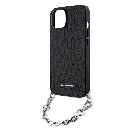 Custodia per Apple iPhone 14, Karl Lagerfeld, Saffiano Monogram Chain, Nera