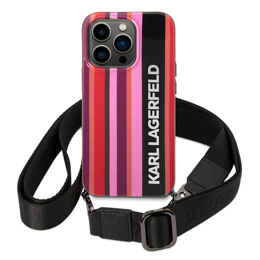 Custodia per Apple iPhone 14 Pro, Karl Lagerfeld, Color Stripes with Strap, Rosa