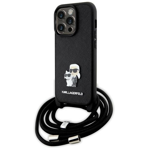 Custodia per Apple iPhone 14 Pro, Karl Lagerfeld, Saffiano Crossbody Metal Pin Karl & Choupette, Nera