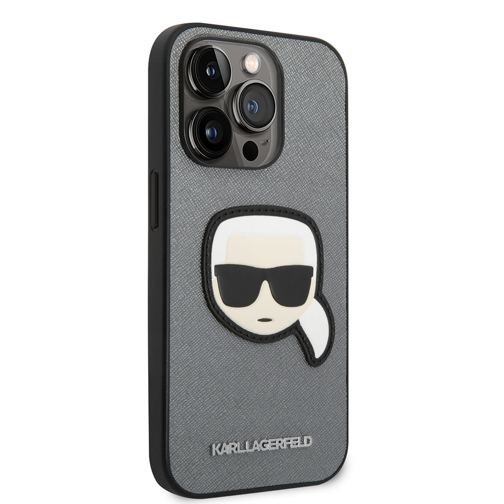 Custodia per Apple iPhone 14 Pro, Karl Lagerfeld, Saffiano Karl's Head, Argento