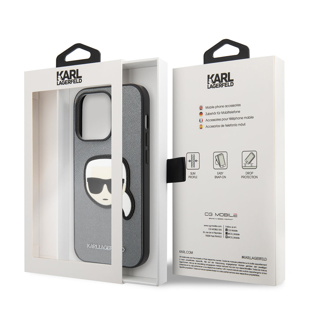 Custodia per Apple iPhone 14 Pro, Karl Lagerfeld, Saffiano Karl's Head, Argento